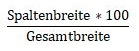 Formel für Berechnung des Vieweports. Spaltenbreite * 100 / Gesamtbreite