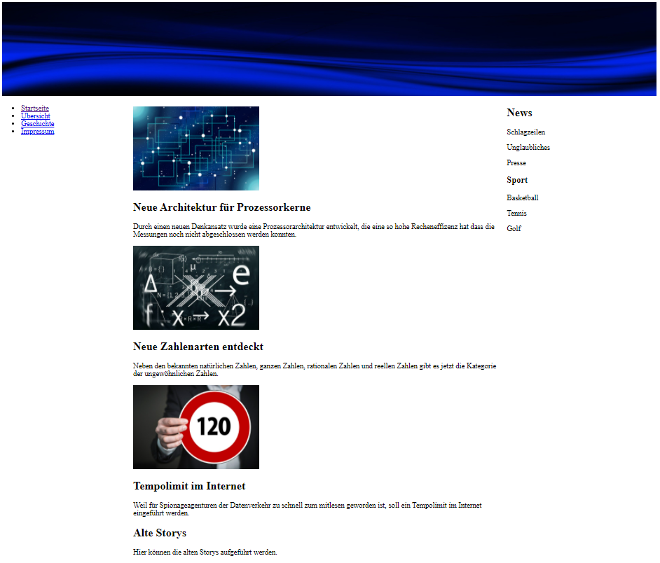 erweiterte Webseite für Layoutexperiment, mit 3-Spalten Layout